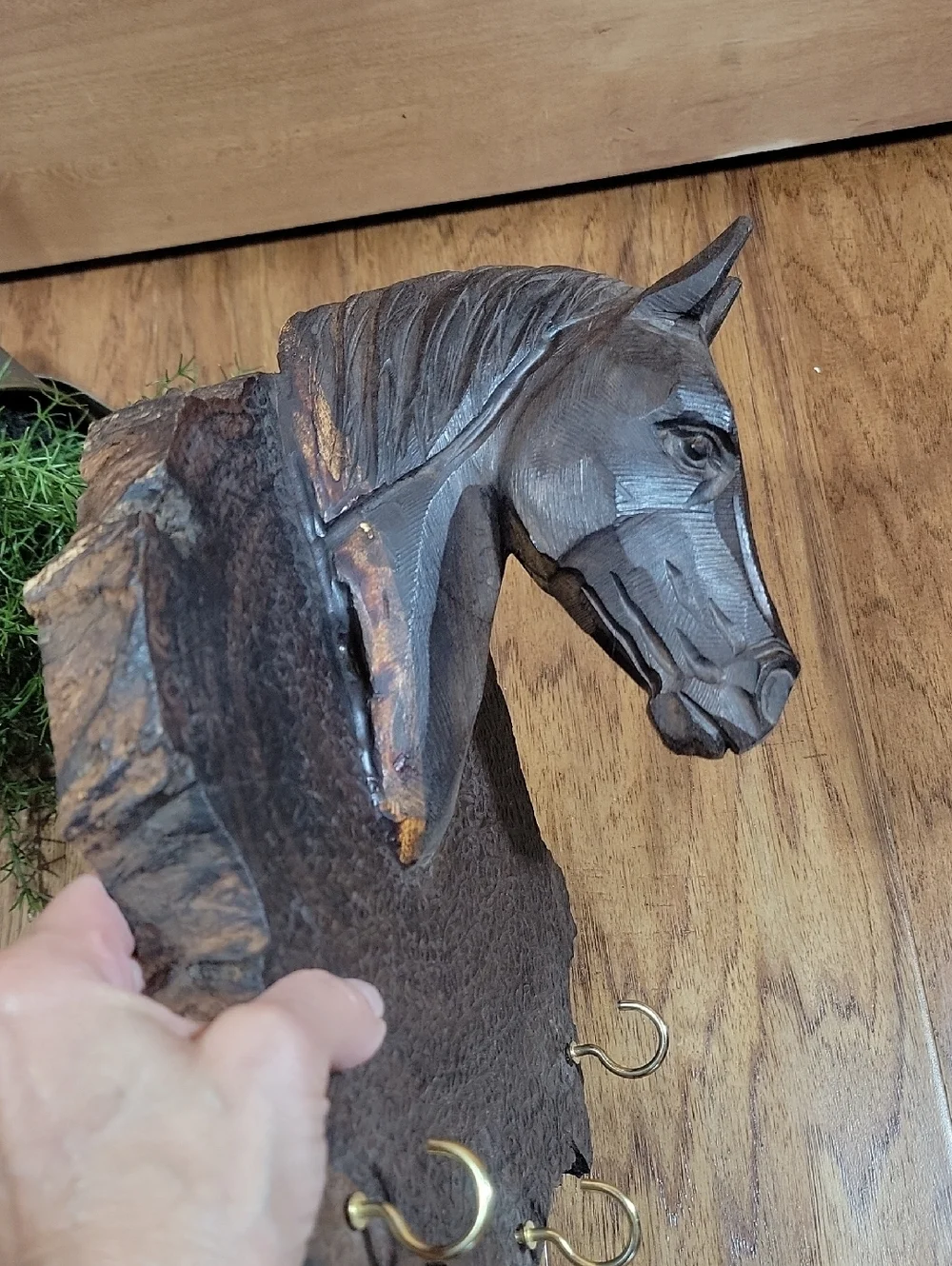 Vintage Hand-Carved Iron Wood Horse Wall Hook